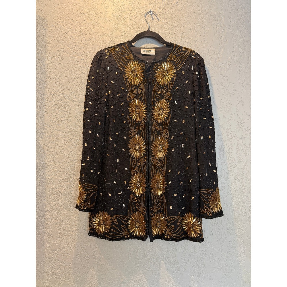 Brilliante by JA Vintage Beaded Evening Jacket Black Gold Sunburst Duster L/XL